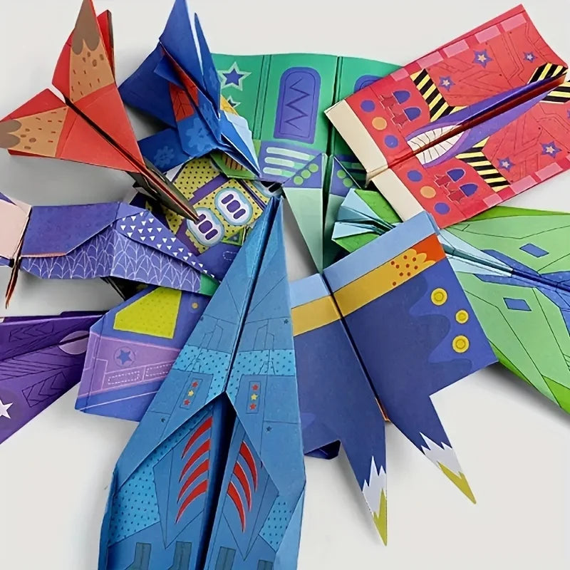 A collection of colorful 3D origami paper airplanes made from various colored paper, including red, blue, green, and purple.