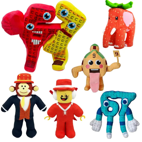 A collection of cute cartoon plush dolls featuring characters like a red dinosaur, a yellow creature, an orange cactus, and a
