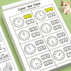 A page from a Color the Time workbook showing various analog clocks with digital times for children's math practice.