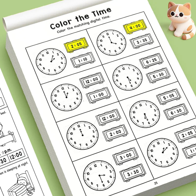 A page from a Color the Time workbook showing various analog clocks with digital times for children's math practice.