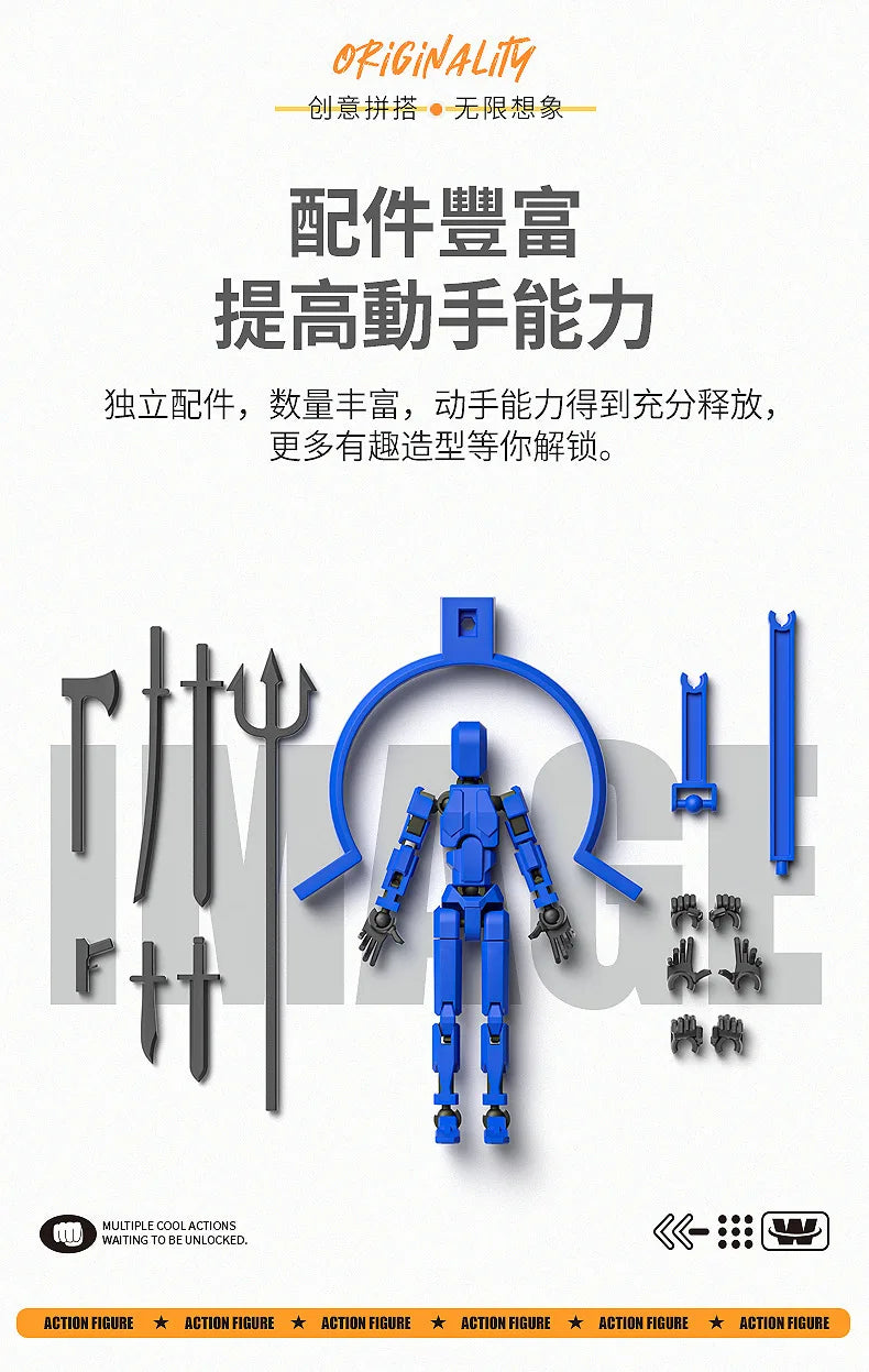 A blue multi-jointed action figure and various accessory parts for building, displayed on a white background.