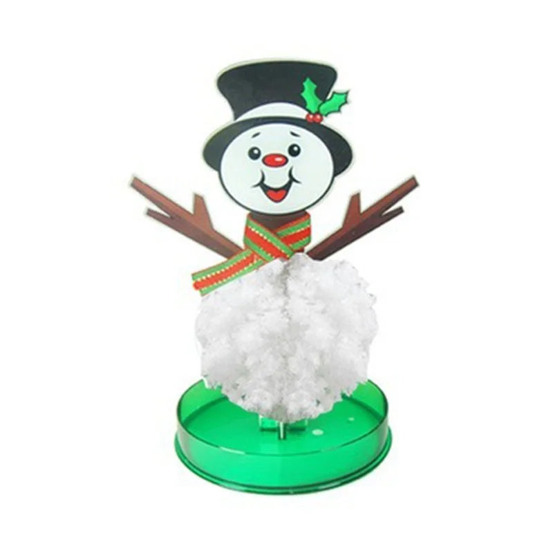A festive decoration featuring a snowman face with a black hat, green holly, and a white fluffy base on a green stand.