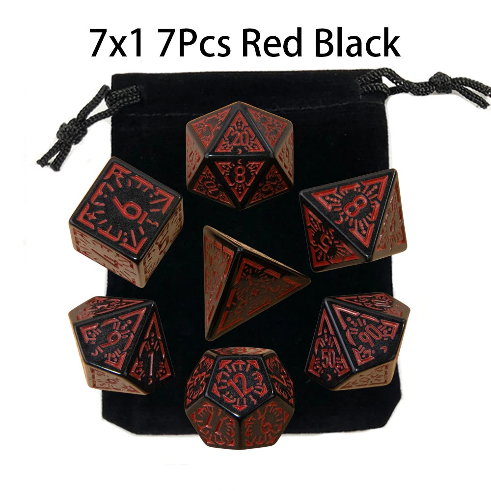 A set of seven red and black polyhedral dice packaged in a black pouch.