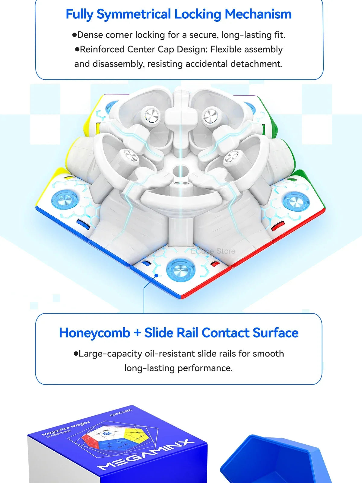 A white magnetic speed cube with a fully symmetrical locking mechanism and honeycomb slide rail contact surface.
