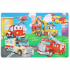 A 30-piece wooden jigsaw puzzle featuring various vehicles and animals like fire trucks, police cars, and airplanes.