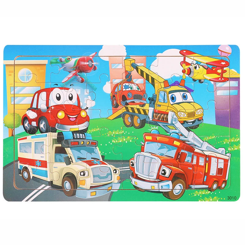 A 30-piece wooden jigsaw puzzle featuring various vehicles and animals like fire trucks, police cars, and airplanes.