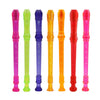 A set of eight colored soprano recorders, including pink, green, blue, orange, and red, with cleaning rods.
