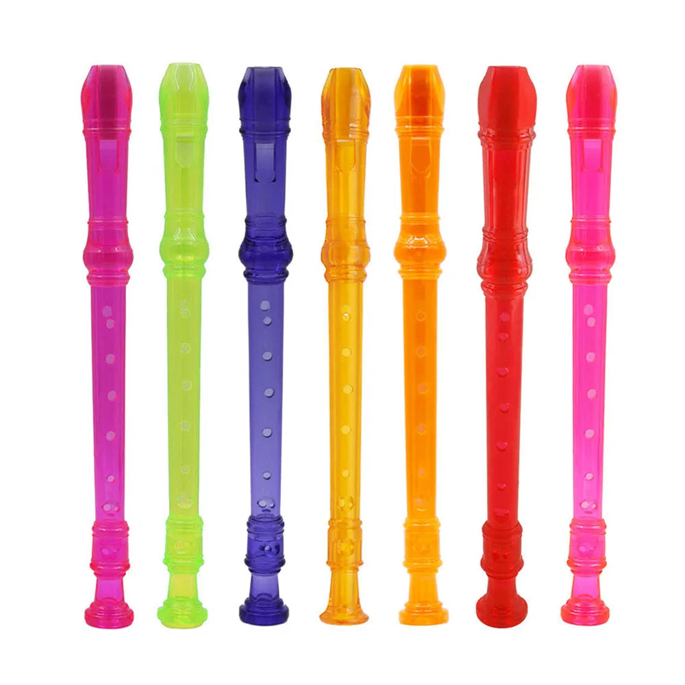 A set of eight colored soprano recorders, including pink, green, blue, orange, and red, with cleaning rods.