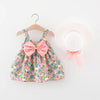 A pink floral baby girl summer dress with a bow and a matching white sunhat