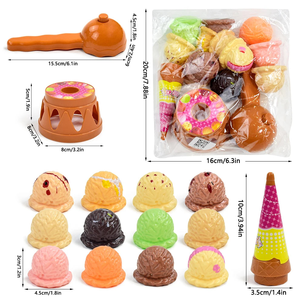 A set of pretend play ice cream stacking toys in various colors and shapes, including a large orange ice cream and smaller ro