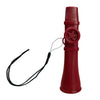 A red portable kazoo flute with a lanyard attached to the end.