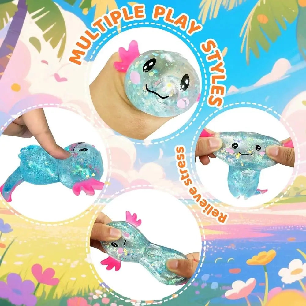Hand holding a squishy axolotl stress relief fidget toy with multiple play styles