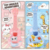 A pink toy ukulele with a cat face design is shown in a playful adventure context.
