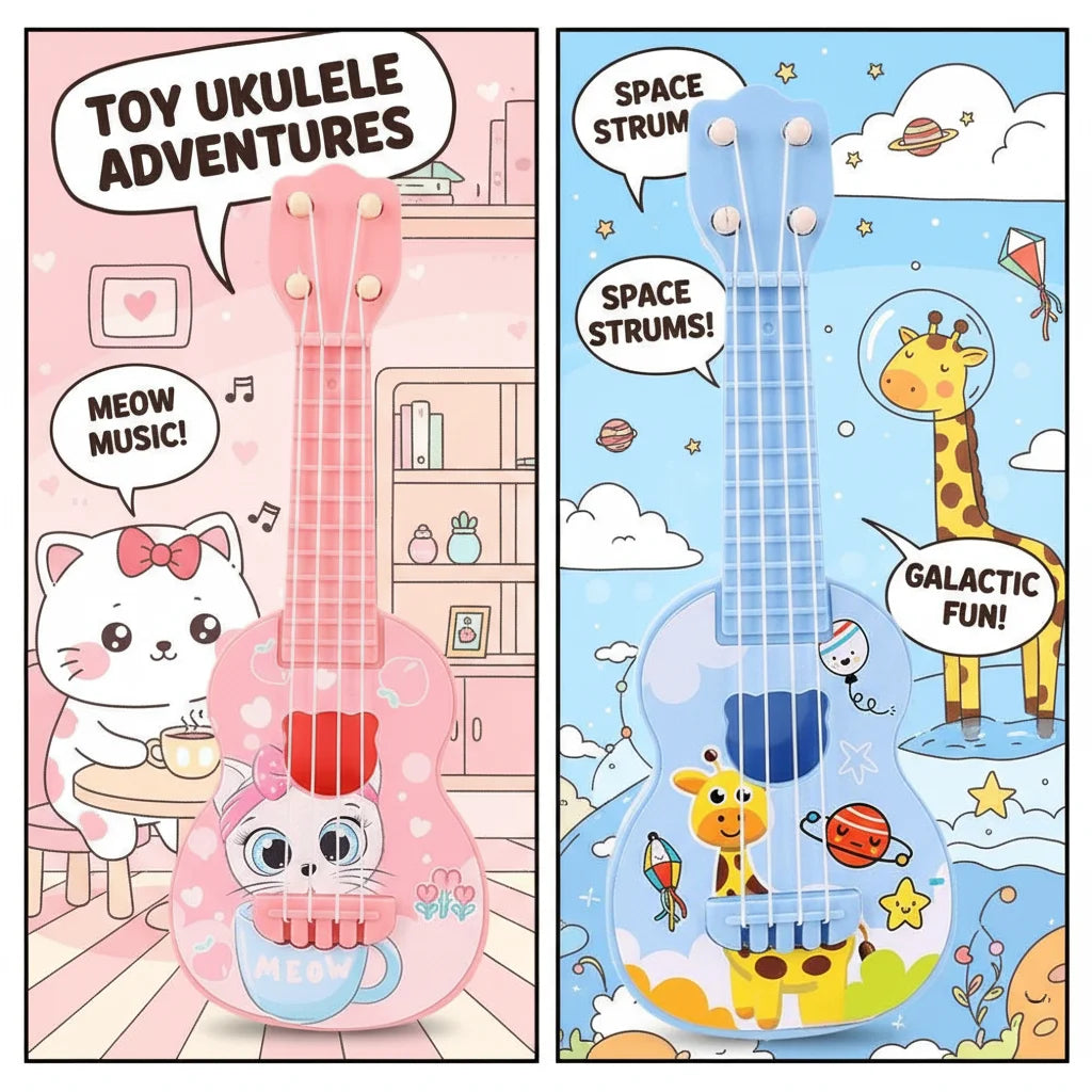 A pink toy ukulele with a cat face design is shown in a playful adventure context.