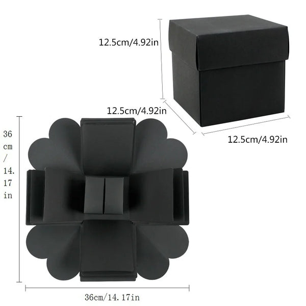 Black surprise photo album gift box with a lid and internal compartments