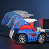 A blue and red transforming dinosaur robot car toy with gray and white parts shown from the side.