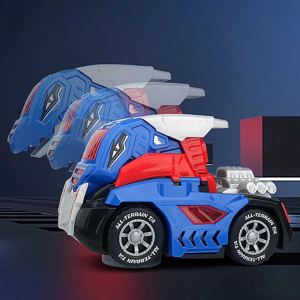 A blue and red transforming dinosaur robot car toy with gray and white parts shown from the side.