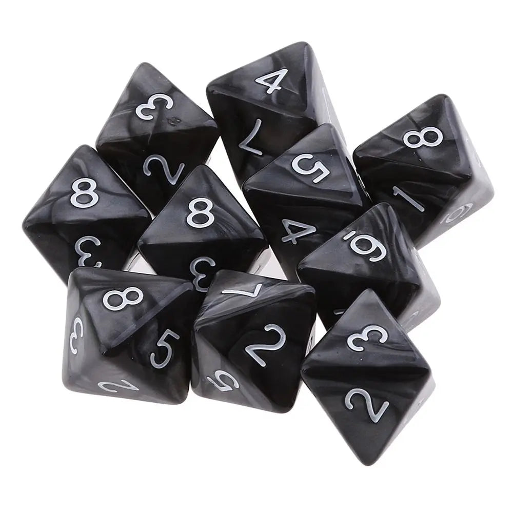 A set of ten black acrylic polyhedral dice showing various numbers and shapes.