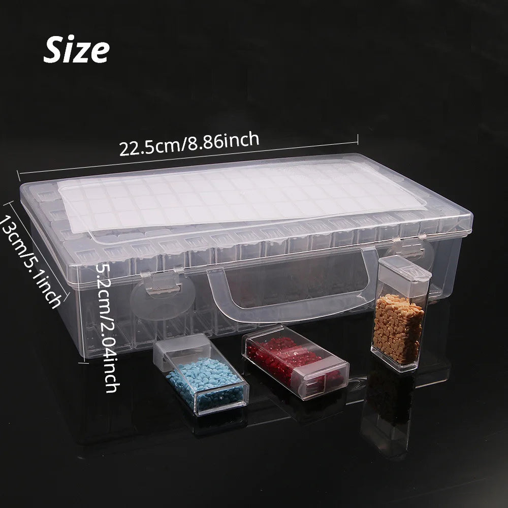 Clear plastic diamond painting storage box with organizer trays and a lid