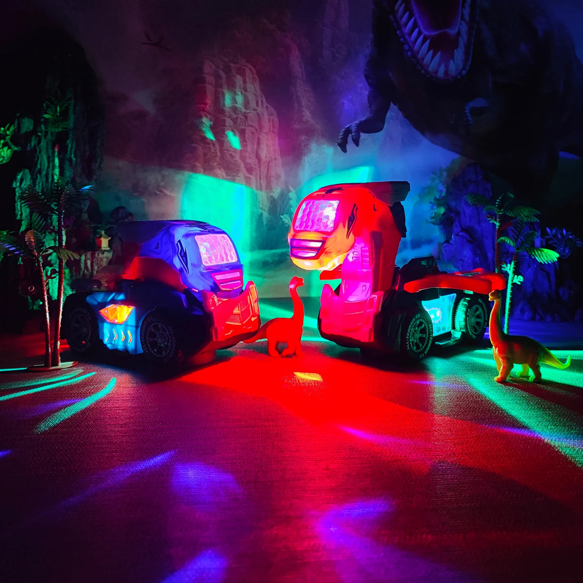 A red and blue transforming dinosaur robot car toy with lights and sounds on a dark surface.