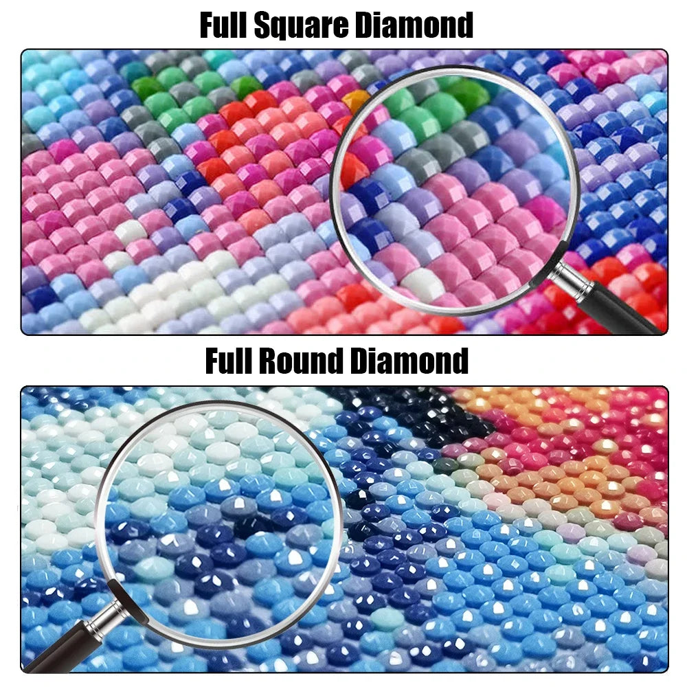 Close-up view of a diamond painting mosaic featuring various shades of blue and pink stones under a magnifying glass.