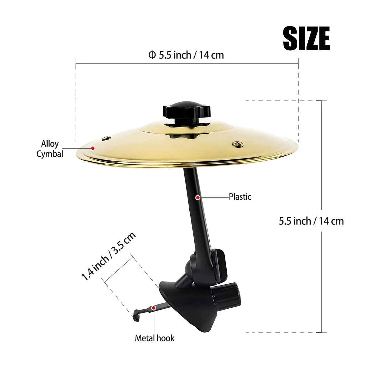 A gold-colored clip-on car vent drum cymbal with a black adjustable hook and plastic stand.