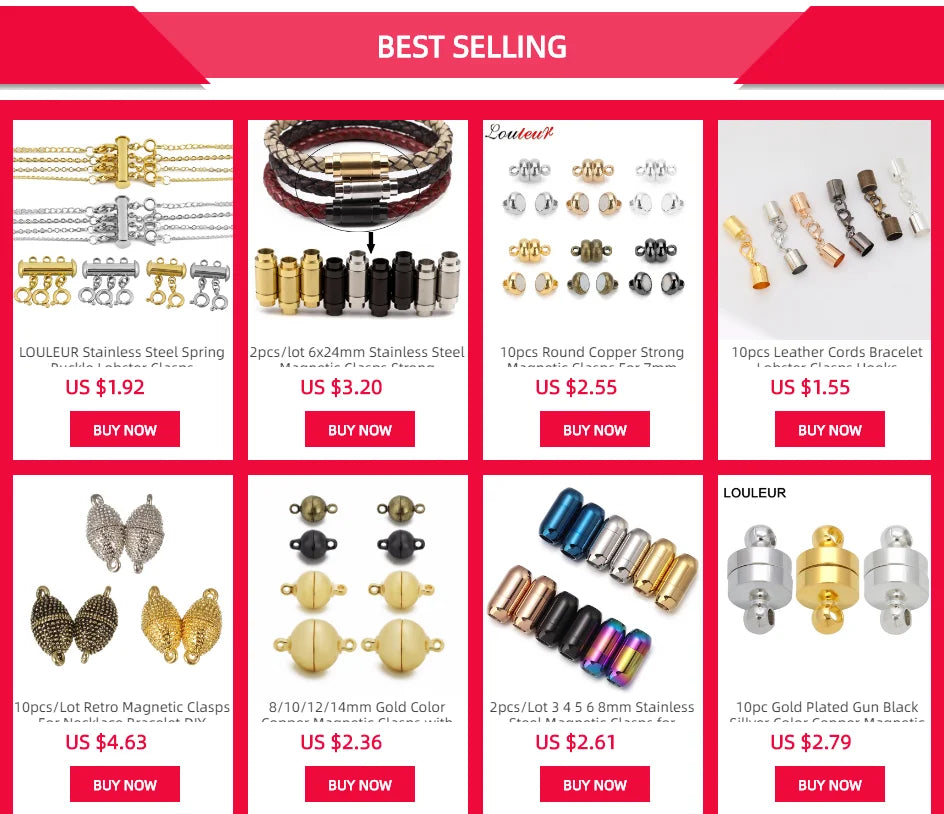 A collection of various metal clasps and connectors for jewelry making including spring rings, round connectors, and magnetic