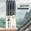A set of four calligraphy pens with different tip sizes including gentle, pigment, and quick-drying inks shown next to a pen 