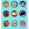 A collection of circular art projects showing various water marbling paint designs and a finished colorful floral pattern.