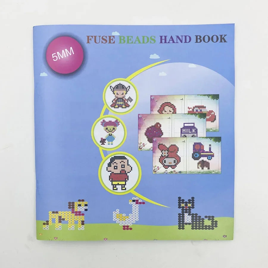 A booklet titled Fuse Beads Hand Book showing various fuse bead designs and a 5mm bead reference.