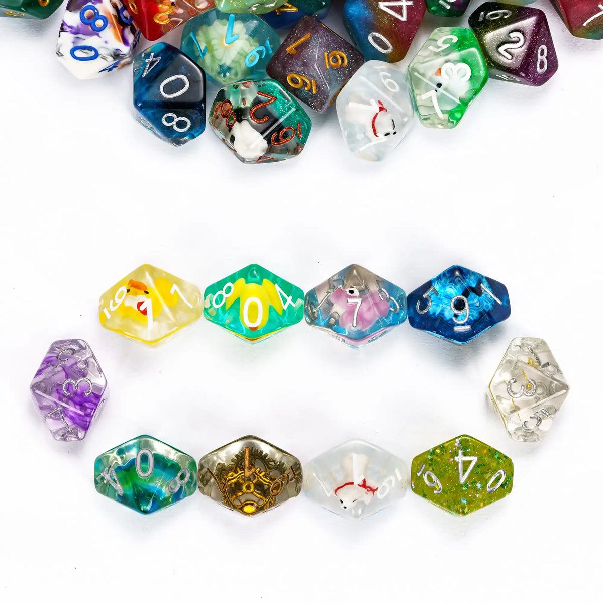 A collection of seven polyhedral resin dice in various colors and shapes arranged in a circle.