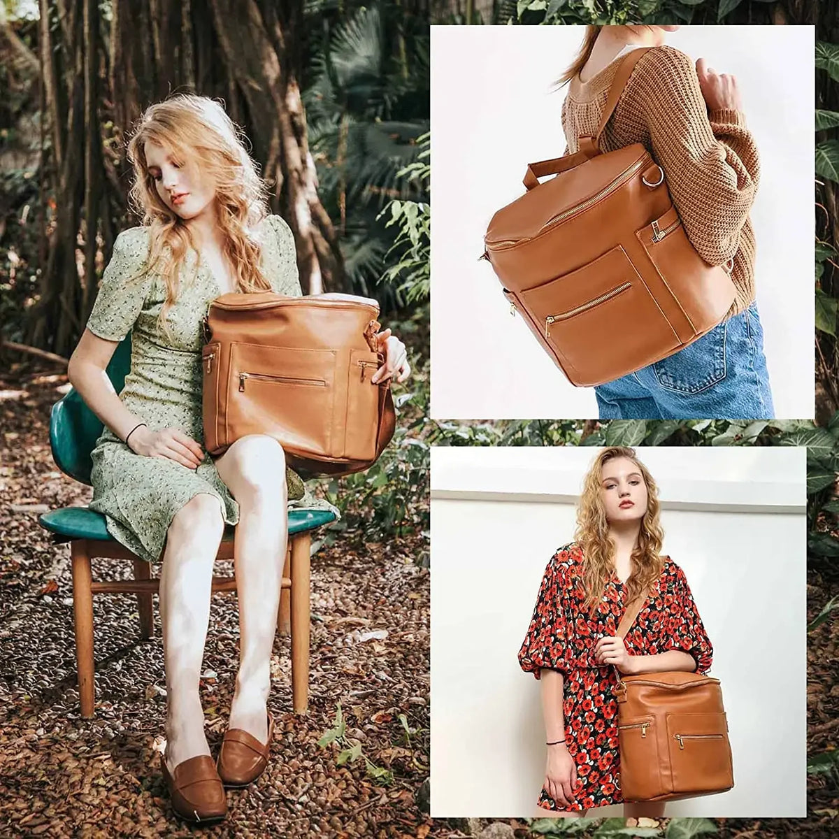 PU Leather Diaper Backpack with Changing Pad and Stroller Straps