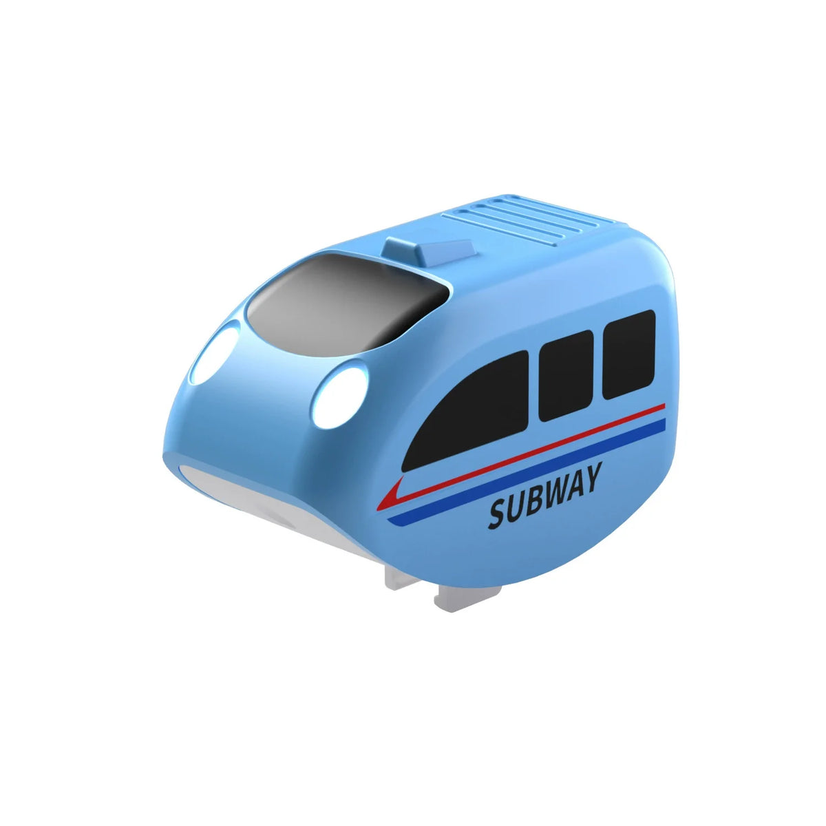 A light blue magnetic train set model featuring a streamlined locomotive design with black windows and the word SUBWAY on the