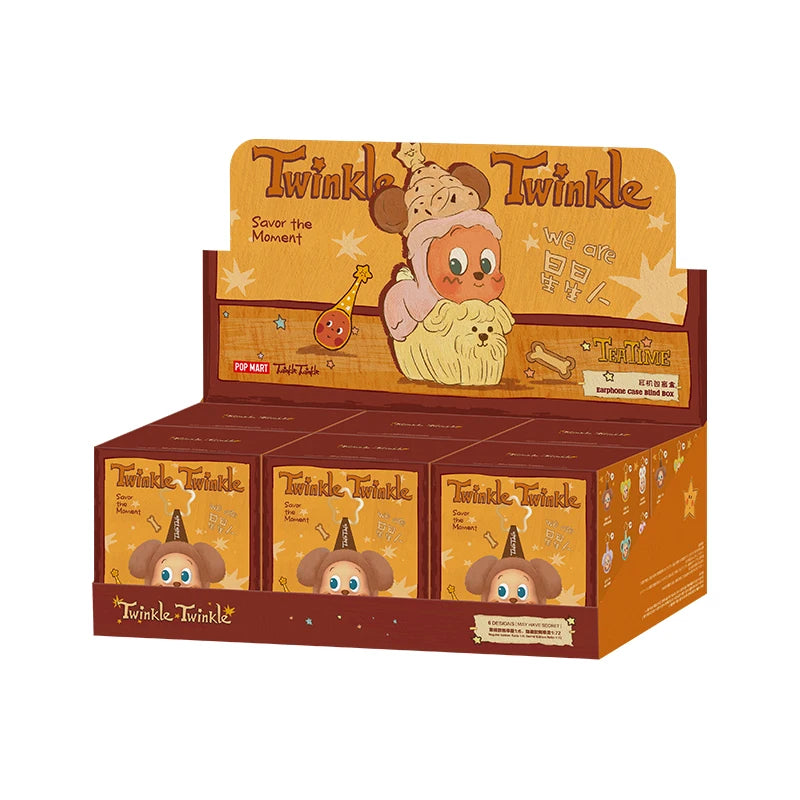 A box of Pop Mart Twinkle Twinkle Savor the Moment series earbud case covers featuring cute animal characters.