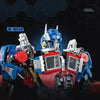 A detailed mecha model kit featuring blue and red components, shown in a dynamic pose against a dark background.