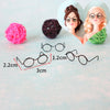 Five metal round glasses frames for dolls displayed with measurements and craft materials.