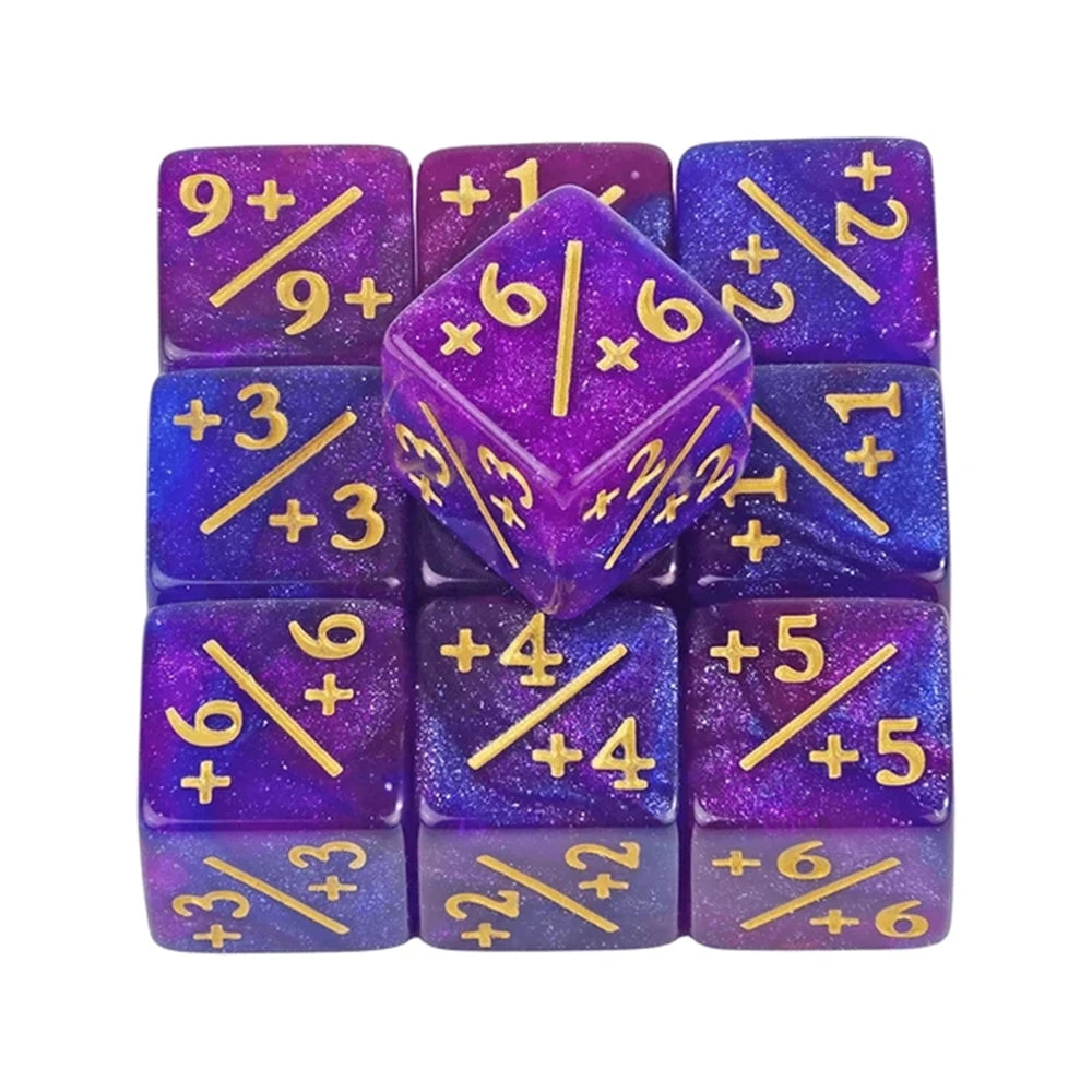Un jeu de dix dés à six faces violet et bleu disposés en grille.