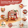 A red wooden animal tourism bus activity cube with various educational learning toys like a xylophone, maze, and puzzle.
