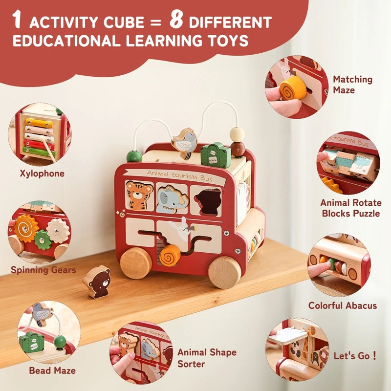 A red wooden animal tourism bus activity cube with various educational learning toys like a xylophone, maze, and puzzle.