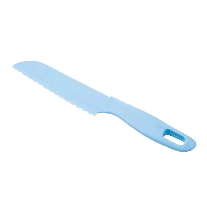 A light blue plastic kid-friendly safety knife set with a handle and blade.