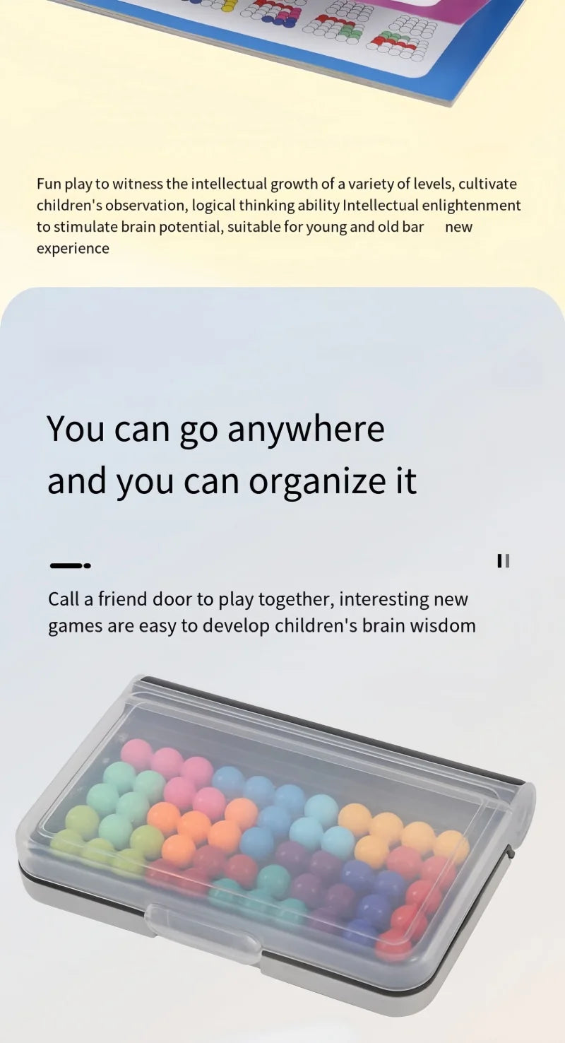A clear plastic box filled with colorful beads used for a logic puzzle or educational game.
