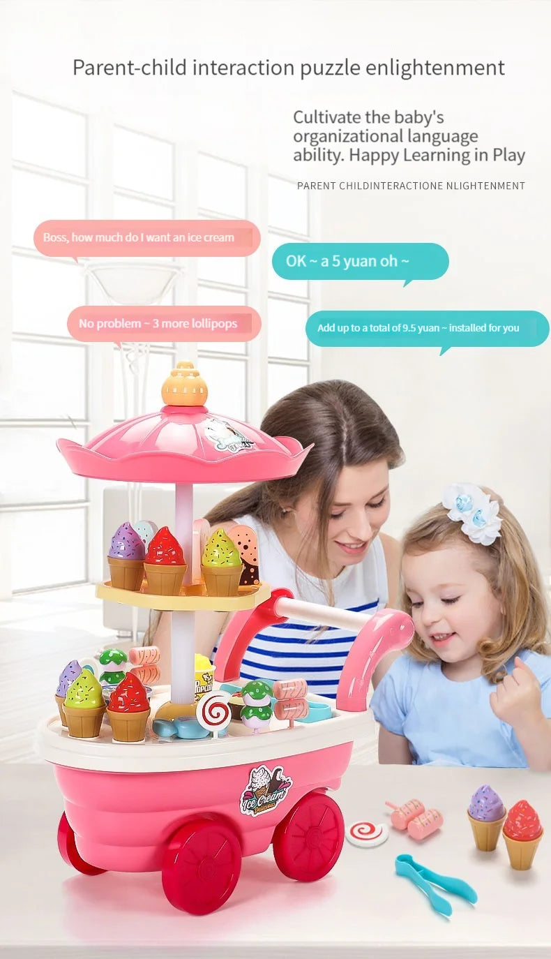 A pink ice cream truck pretend play set for children with various ice cream toppings and accessories