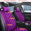 Purple quilted car seat cushion set with anti-slip features and three-piece installation shown inside a car interior.