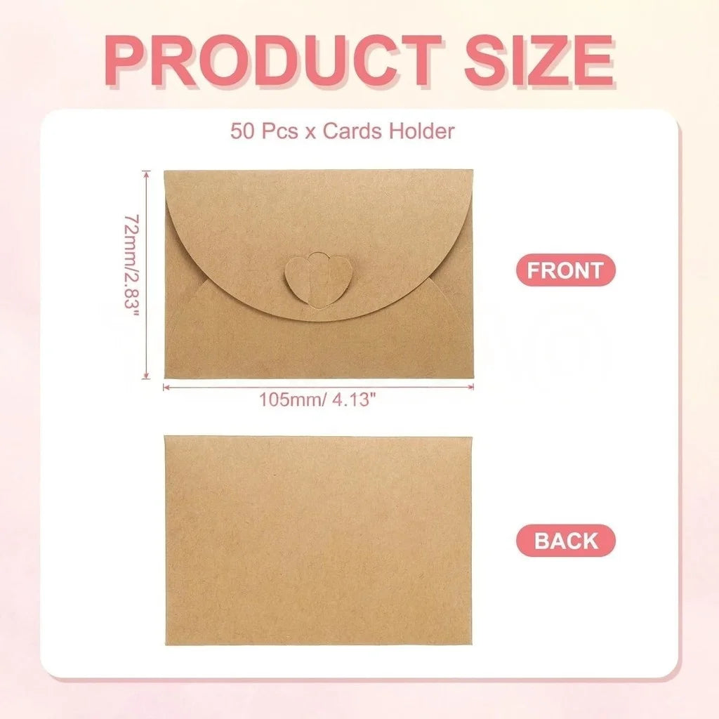 A set of 50 kraft paper envelopes with heart clasps for gift cards and notes, shown from the front and back.