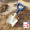 A blue plastic shovel with a white blade is shown digging in sand, used as a kids excavator toy.