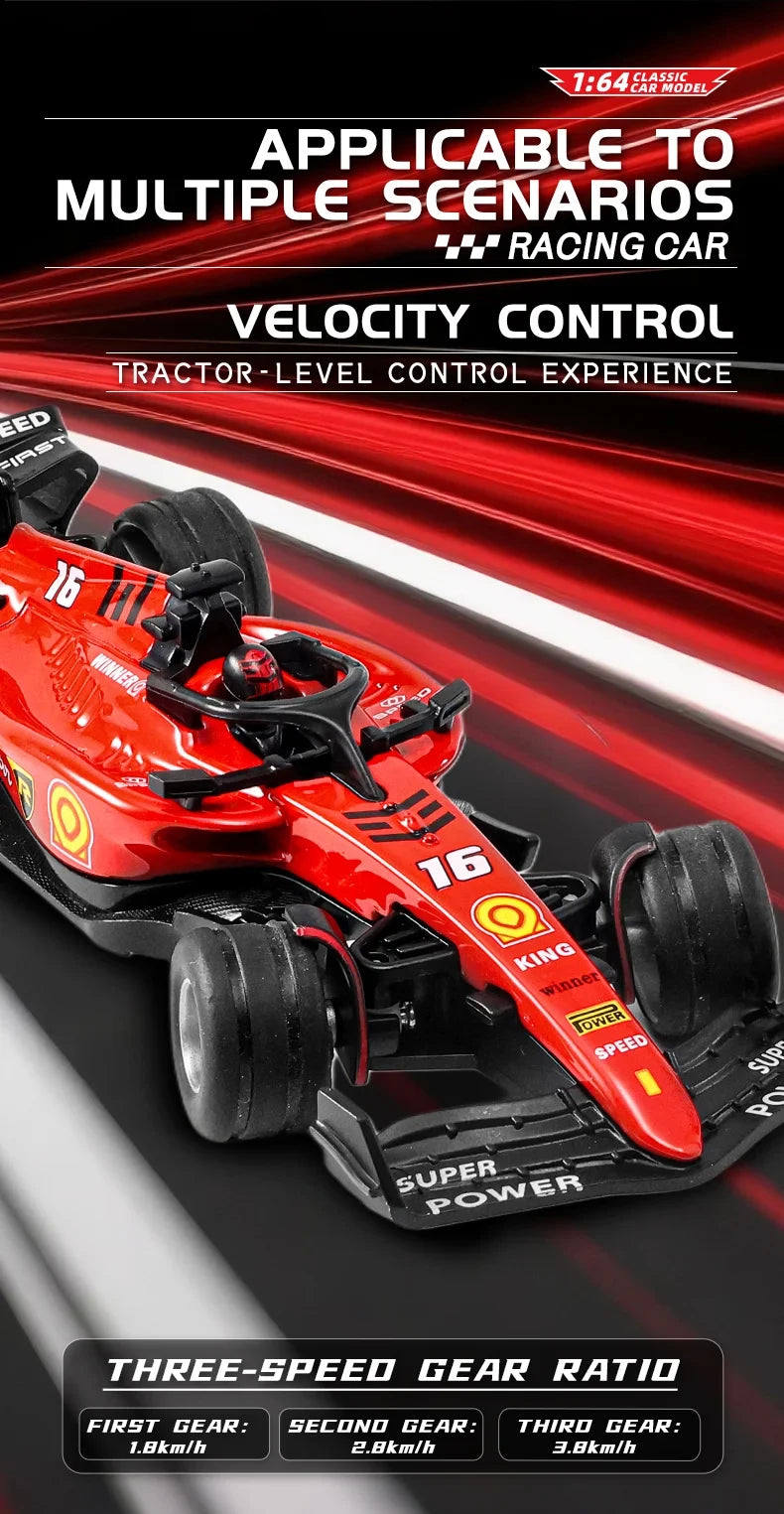 Red racing car model demonstrating velocity control and tractor-level control experience with a three-speed gear ratio.