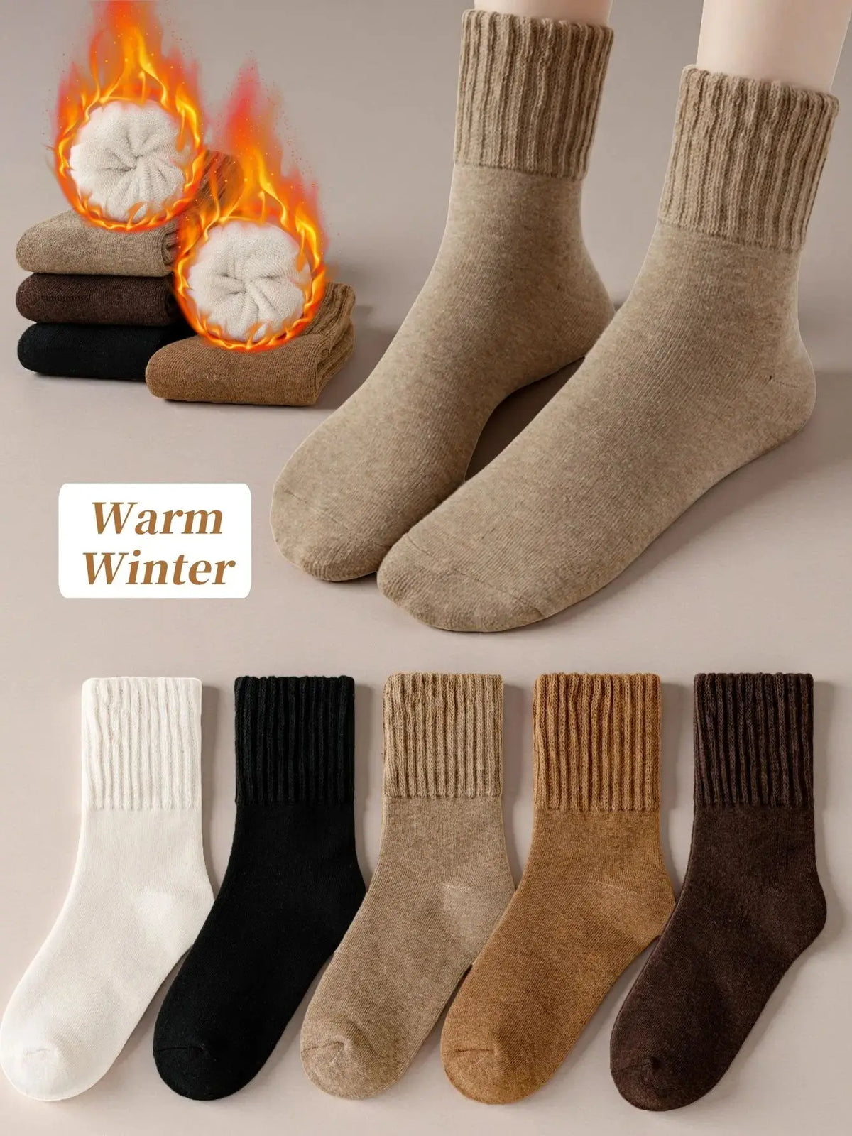 A collection of women's fleece-lined slouch socks in various neutral and dark earth tones displayed on a light background.