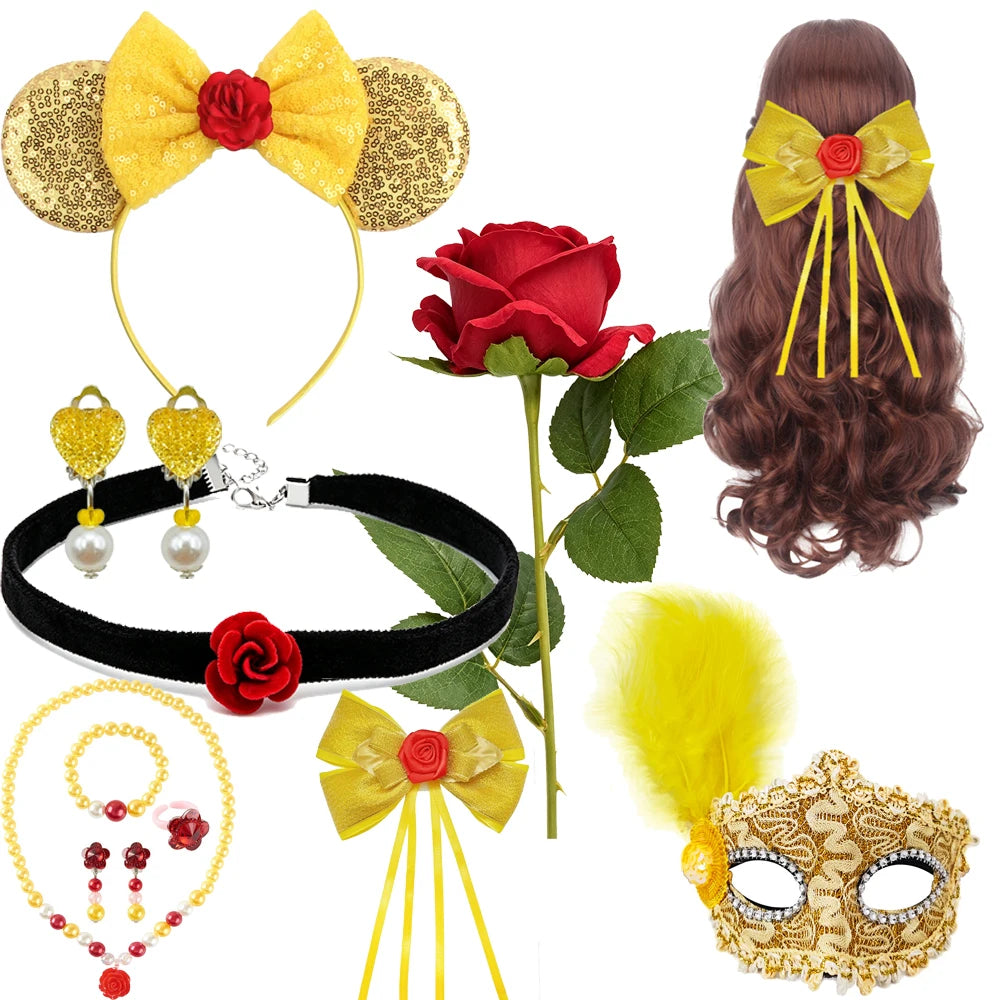 A set of golden princess dress-up accessories including a bow headband, a red rose, a black belt, and a gold mask.