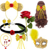 A set of golden princess dress-up accessories including a bow headband, a red rose, a black belt, and a gold mask.