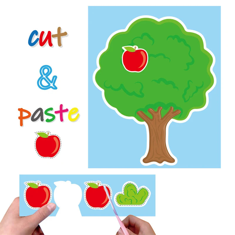 Ein Satz aus Papierauszügen mit Wörtern wie schneiden und kleben, einem Apfel und einem Baum.